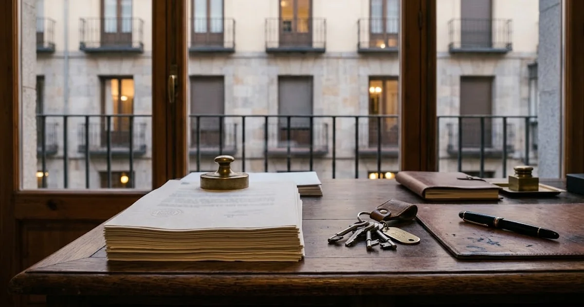 Mesa de notaría con documentos, llaves y pluma ante un edificio residencial - decretos de vivienda, NPL y CDR - Ayuda Cesiones
