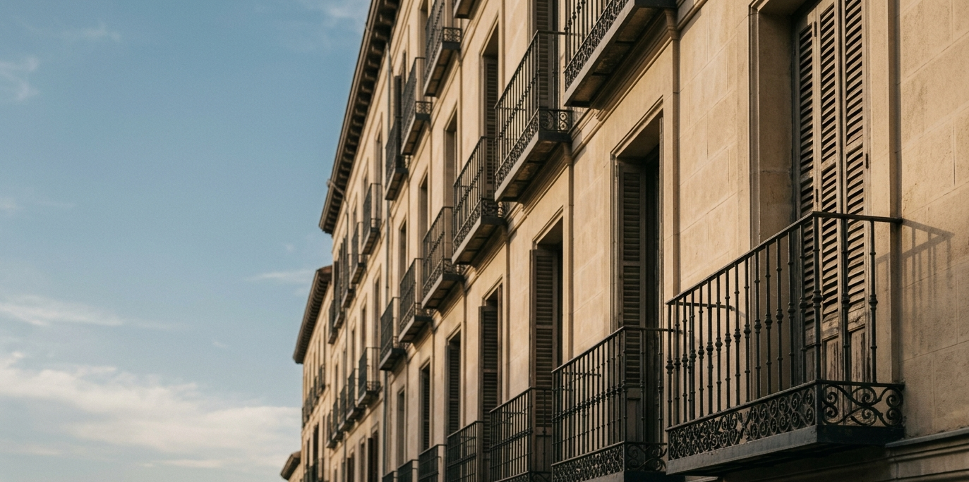 Fachada de edificio residencial clásico español al atardecer - mercado de NPL y deuda hipotecaria distressed en España - Ayuda Cesiones