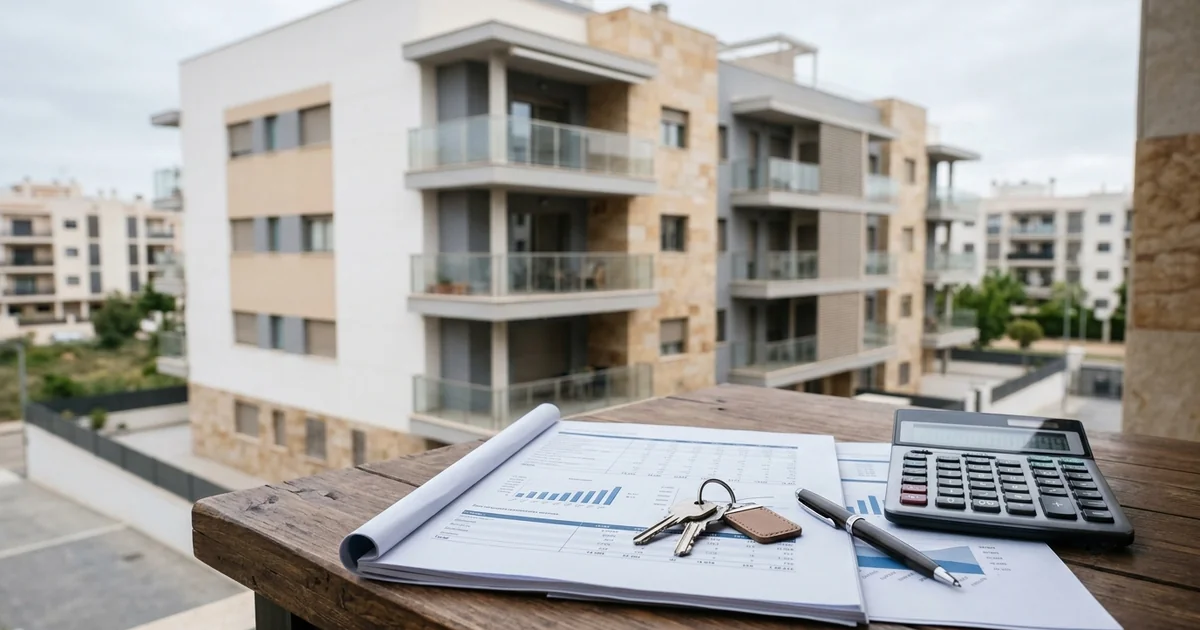 Edificio residencial español con documentos financieros y llaves sobre una mesa - activos inmobiliarios distressed - Ayuda Cesiones