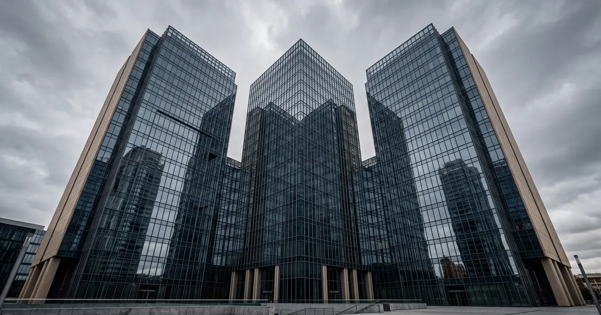 Tres torres de oficinas de cristal convergiendo en un solo edificio bajo cielo nublado - concentración de servicers tras la compra de Servihabitat - Ayuda Cesiones